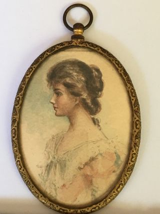 French Antique Decorative Miniature Portrait Of Young Lady