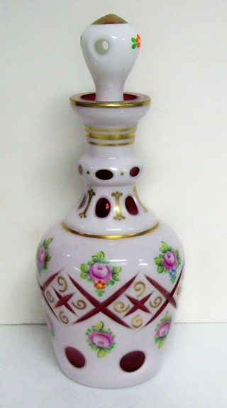 Vintage Moser Bohemian Czech Cranberry Cut To Clear Opaque Glass Decanter Bottle