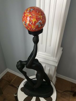 Vintage Art Deco Nude Woman Lamp With End Of Day Czechoslovakia Glass Globe