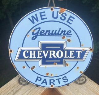 Vintage Chevrolet Porcelain Gas Oil Auto Trucks Service Bowtie Pump Plate Sign