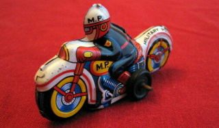 Vintage Miniature Military Police Friction Japan Tin Litho Motorcycle And Rider