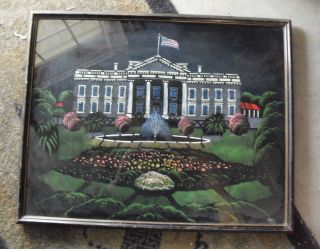 Vintage 1920s Oil On Black Cloth White House Painting Framed