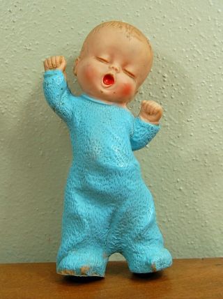 Vintage Rubber Squeak Squeaky Toy Yawning Baby Boy In Blue Pajamas With Backflap