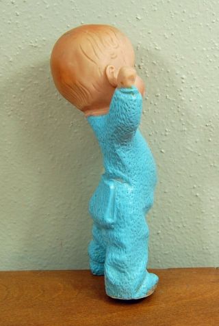 Vintage Rubber Squeak Squeaky Toy Yawning Baby Boy in Blue Pajamas with Backflap 2