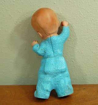 Vintage Rubber Squeak Squeaky Toy Yawning Baby Boy in Blue Pajamas with Backflap 3