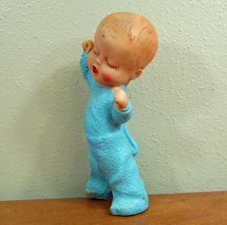 Vintage Rubber Squeak Squeaky Toy Yawning Baby Boy in Blue Pajamas with Backflap 4