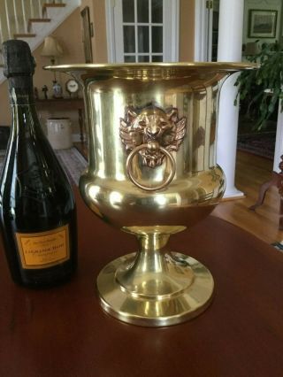 Vintage Brass Champagne Wine Bucket Pedestal Lion Head Handles