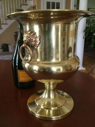 Vintage Brass Champagne Wine Bucket Pedestal Lion Head Handles 2