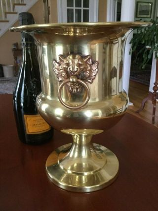 Vintage Brass Champagne Wine Bucket Pedestal Lion Head Handles 3