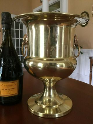 Vintage Brass Champagne Wine Bucket Pedestal Lion Head Handles 4