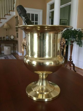 Vintage Brass Champagne Wine Bucket Pedestal Lion Head Handles 5
