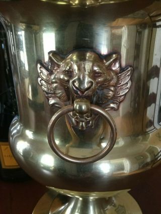 Vintage Brass Champagne Wine Bucket Pedestal Lion Head Handles 6