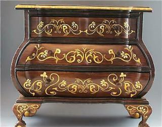 Vintage Wood Jewelry Chest of Drawers Bombe Shape w/ Fruit Wood Inlay Signed 2