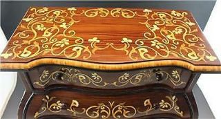 Vintage Wood Jewelry Chest of Drawers Bombe Shape w/ Fruit Wood Inlay Signed 4