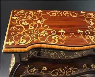 Vintage Wood Jewelry Chest of Drawers Bombe Shape w/ Fruit Wood Inlay Signed 5