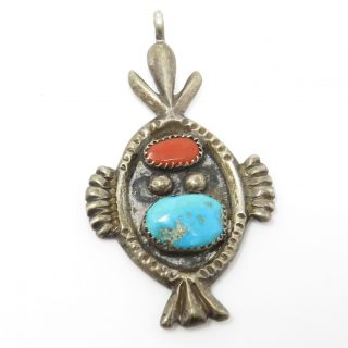 Nyjewel Vintage 925 Sterling Silver Navajo Turquoise Coral Pendant Signed H Iule