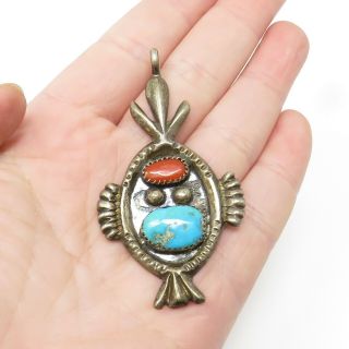 NYJEWEL Vintage 925 Sterling Silver Navajo Turquoise Coral Pendant Signed H IULE 3