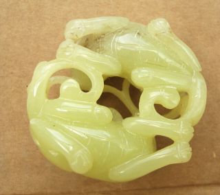 Chinese vintage carved (green hue) celadon jade Two Kylins openwork pendant 3