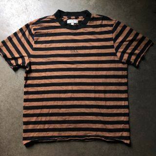 Mens Vintage 90s Style Guess Jeans Black Brown Striped Crewneck T Shirt Tee Sz L