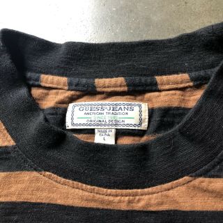 Mens Vintage 90s Style GUESS Jeans Black Brown Striped Crewneck T Shirt Tee Sz L 2