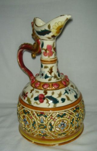 ANTIQUE ZSOLNAY PEC ' S RETICULATED JUG/EWER WITH SERPENT HANDLE ISLAMIC INFLUENCE 2
