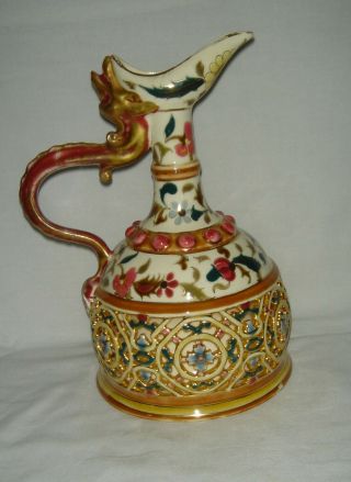 ANTIQUE ZSOLNAY PEC ' S RETICULATED JUG/EWER WITH SERPENT HANDLE ISLAMIC INFLUENCE 4