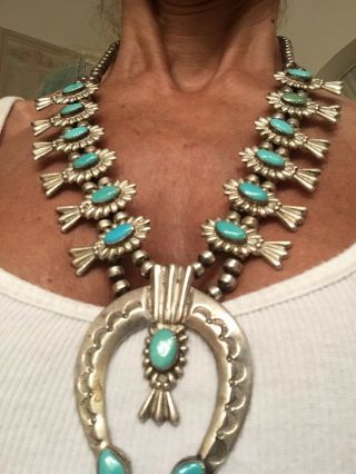 Vintage Navajo Sterling Silver Sandcast Turquoise Squash Blossom Necklace