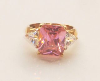 Very Large Heavy Stunning Vintage Emerald Cut 8ct Fiery Pink Topaz Gold Ring