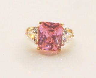 VERY LARGE HEAVY STUNNING VINTAGE EMERALD CUT 8ct FIERY PINK TOPAZ GOLD RING 2