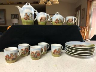 Vintage Germany Musical Cats Matching Cups Saucers Teapot Sugar Creamer
