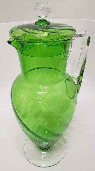 Large Mid - Century Vintage Hand Blown Glass Green Ewer With Top Pitcher