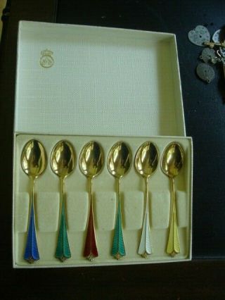 Boxed Set 6 Vintage David Andersen Sterling Silver & Enamel Coffee Spoons Norway