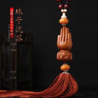 Chinese Buddha Hand Lotus Statue 3d Wood Carving Amber Prayer Beads Car Pendant
