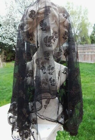 Antique Black Netted Lace & Embroidery 19thc Victorian Mourning Veil