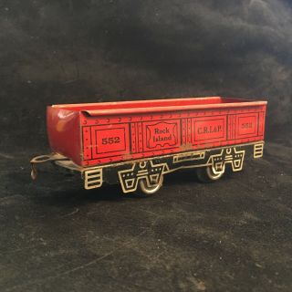 (a) Vintage Tin Toy Train Rock Island 552 Cri&p Tin Toy Train Open Car Red