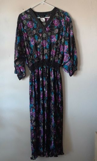 Vtg Diane Freis Georgette Floral Dress Sheer Romantic Boho Long Maxi 1980 