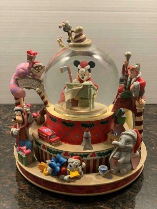 Vintage Disney Santas Workshop Musical Snow Globe Mickey Goofy Peter Pan Dumbo