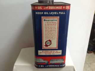 Vintage Metropolitan Oil Co All Weather Motor Oil Can Two Gallon Empty 2