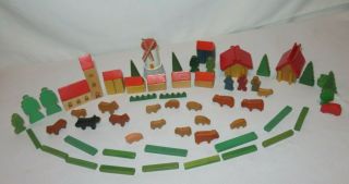 Vintage Wood Building Blocks Toys Tree Animals Windmill Germany Austria (r73)