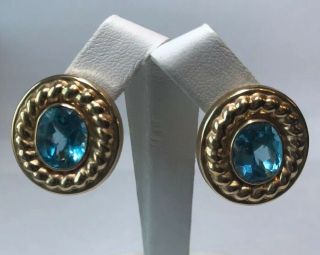 Ladies 14k Yellow Gold Oval Blue Topaz Earrings Vintage 8 Grams Real Gold