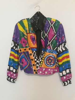 80s Vintage Sequined Bomber Jacket M Cocktail Dress 8 10 Party Checkers Print