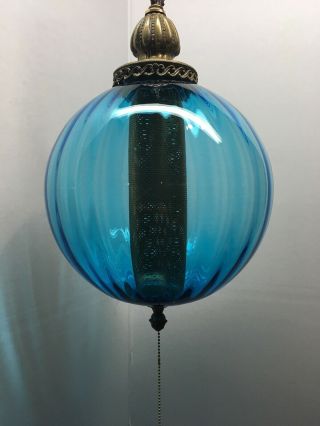 Large Vintage Mcm Blue Glass Hanging Swag Lamp Light Orb