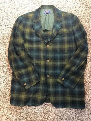 L Vintage Pendleton 1960s Green Plaid Wool Field Jacket Coat Shirt Hunting Usa