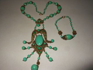 Antique 12k G.  F.  Etruscan? Peking Glass Festoon Necklace & Bracelet,  Rhinestone
