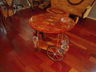 Vtg Italy Bar Tea Cart Marquetry Inlaid Wood Serving Drop Leaf Wine Rack