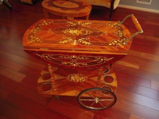 Vtg ITALY Bar Tea Cart Marquetry Inlaid Wood Serving Drop Leaf Wine Rack 2