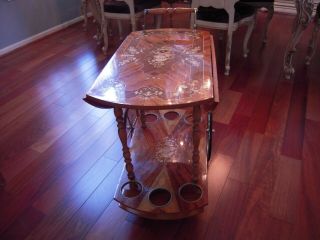 Vtg ITALY Bar Tea Cart Marquetry Inlaid Wood Serving Drop Leaf Wine Rack 3