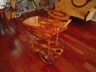 Vtg ITALY Bar Tea Cart Marquetry Inlaid Wood Serving Drop Leaf Wine Rack 9