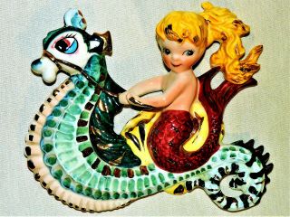 Vintage Lefton Ceramic Mermaid Riding Seahorse Wall Plaque Figurine Bath Decor