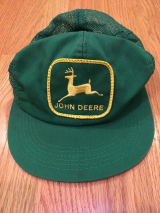 K Products Vtg 80s John Deere Patch Snapback Trucker Hat Cap Green Mesh Vintage